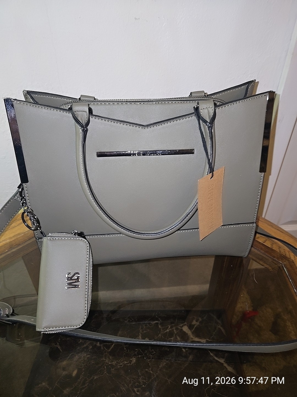 Grey Structured Tote Handbag with Matching Coin Pouch